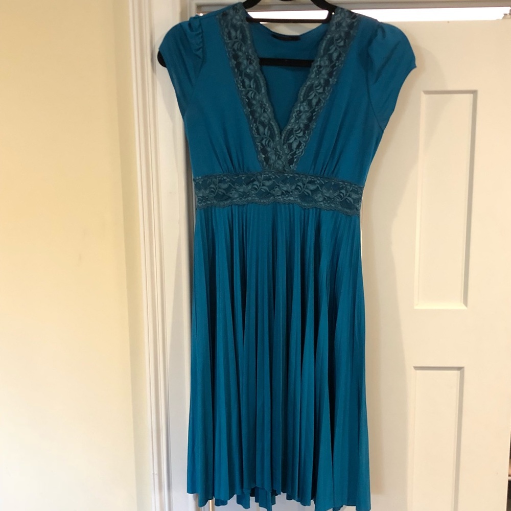 Teal Pleated Lace Dress